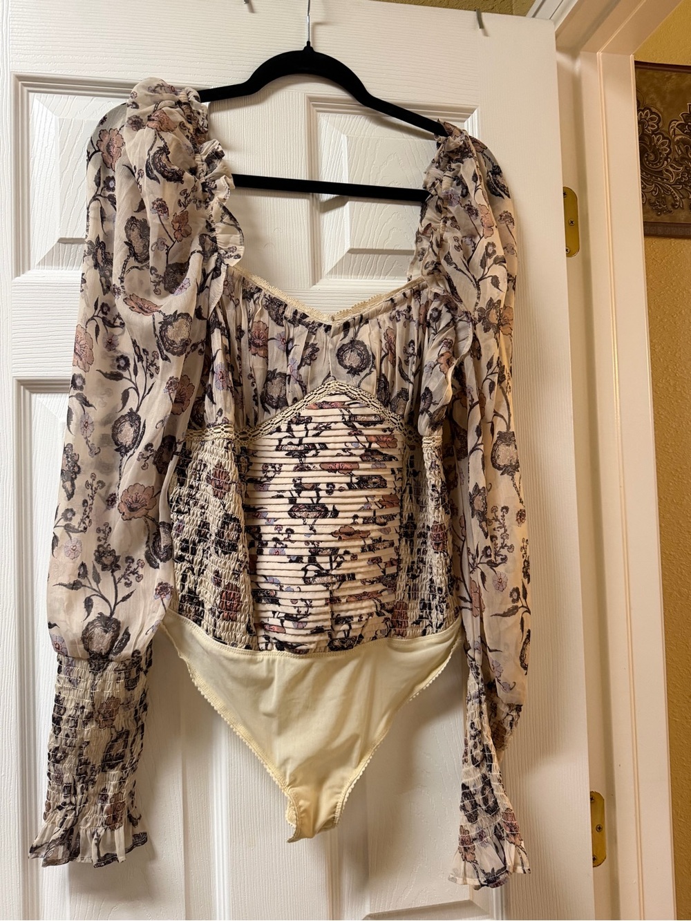 Free People Cream Floral Puff-Sleeve Bodysuit